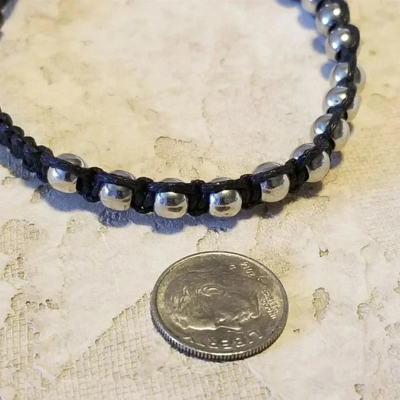 Silver Beads and Black Waxed Cotton Shamballa Style Macrame Cord 7" Bracelet - Picture 4 of 6